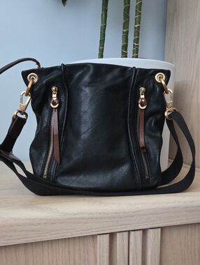 Christopher Kon Black Leather Crossbody Boho Hobo Bag w Gold Hardware